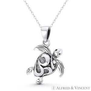 Sea Turtle Ocean Sealife & Hindu Sanskrit Om / Aum Charm in .925 Sterling Silver